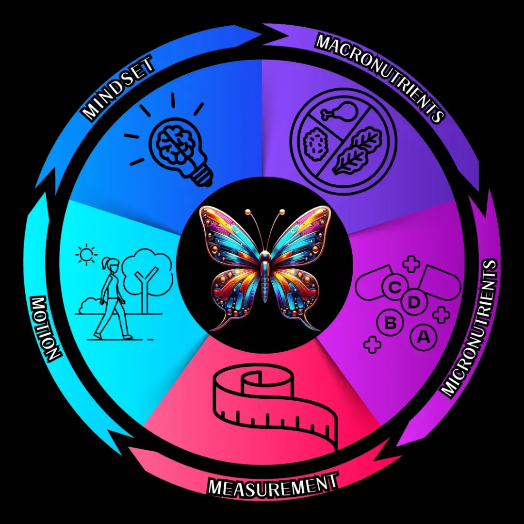 Colorful wellness framework infographic featuring a vibrant butterfly at the center surrounded by the 5 M’s of Total Transformation: Mindset, Macronutrients, Micronutrients, Measurement, and Motion. Each section is represented by an icon, including a brain and lightbulb for mindset, healthy foods for macronutrients, vitamins for micronutrients, a measuring tape for measurement, and walking for motion. The circular design uses blue, purple, and pink gradients to illustrate a holistic, science-based approach to wellness, weight management, energy, and healthy lifestyle transformation.
