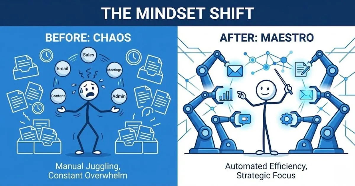 Solopreneur mindset shift from overwhelmed operator to strategic AI director.