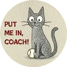 Drawing of cat with baseball and words 