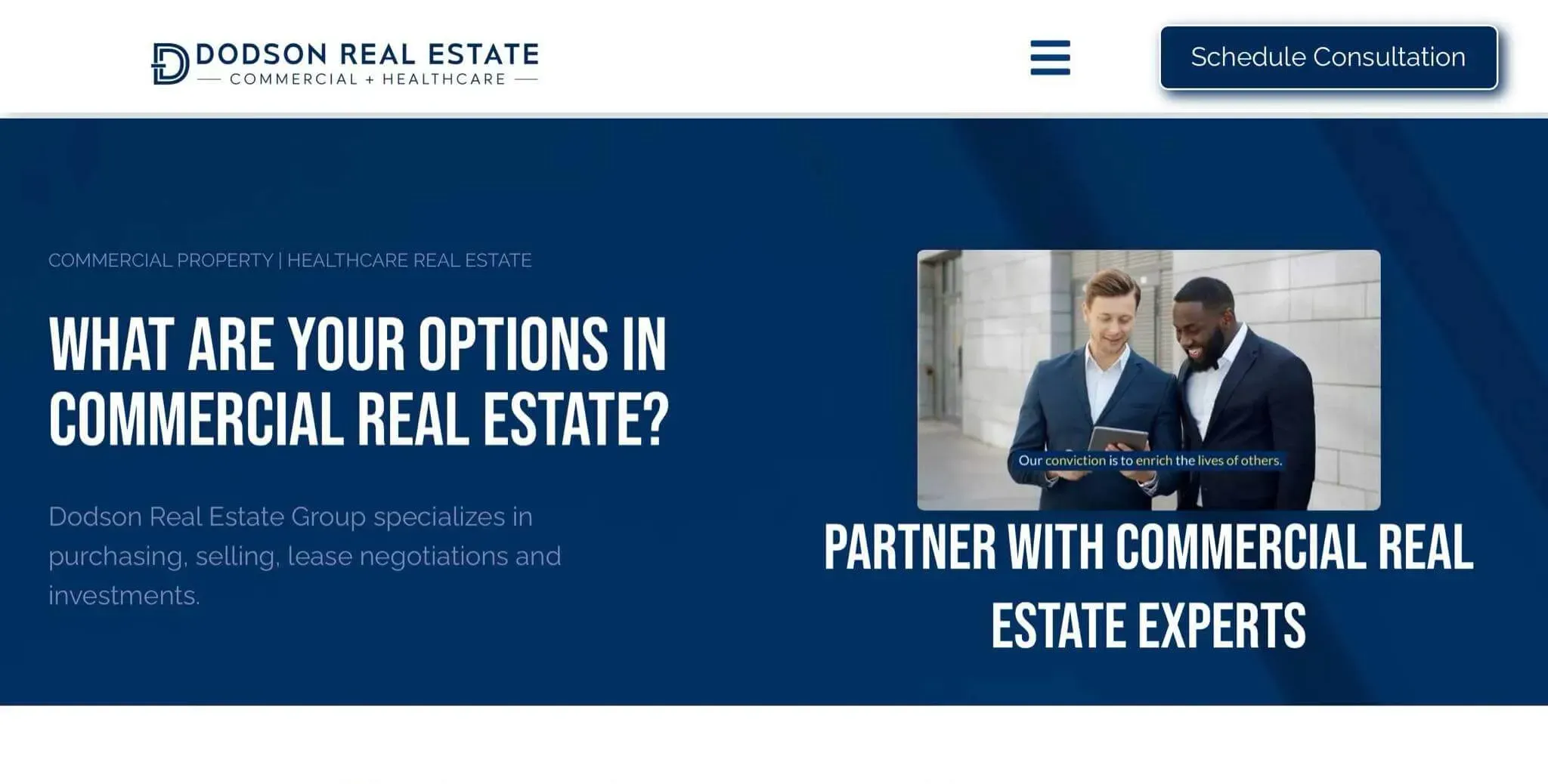 <alt=“Mobile screenshot of Dodson Real Estate Group homepage showing commercial real estate services and call-to-action.”>
