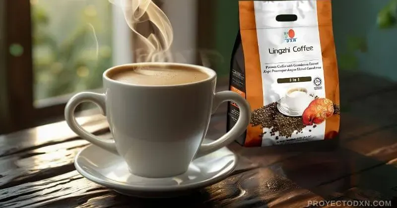 Una taza de Café Lingzhi 3 en 1 de DXN, humeante y lista para disfrutar, como parte de un ritual matutino de bienestar.