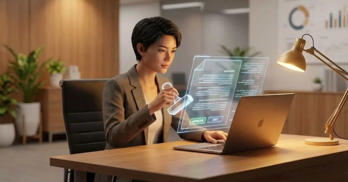 A business owner reviewing and editing AI-generated content on a laptop.