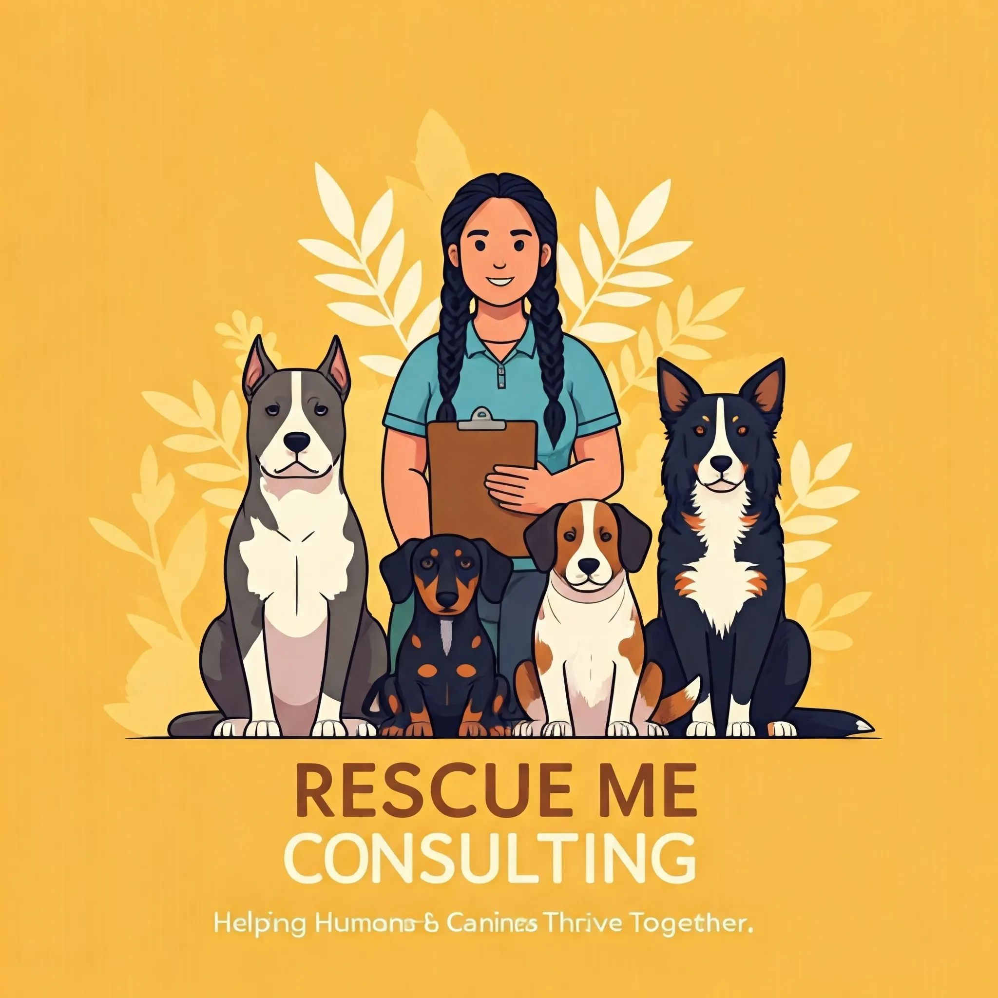 Illustration of a woman holding a clipboard surrounded by five diverse dog breeds on a golden background. Text reads “Rescue Me Consulting – Helping Humans & Canines Thrive Together.”