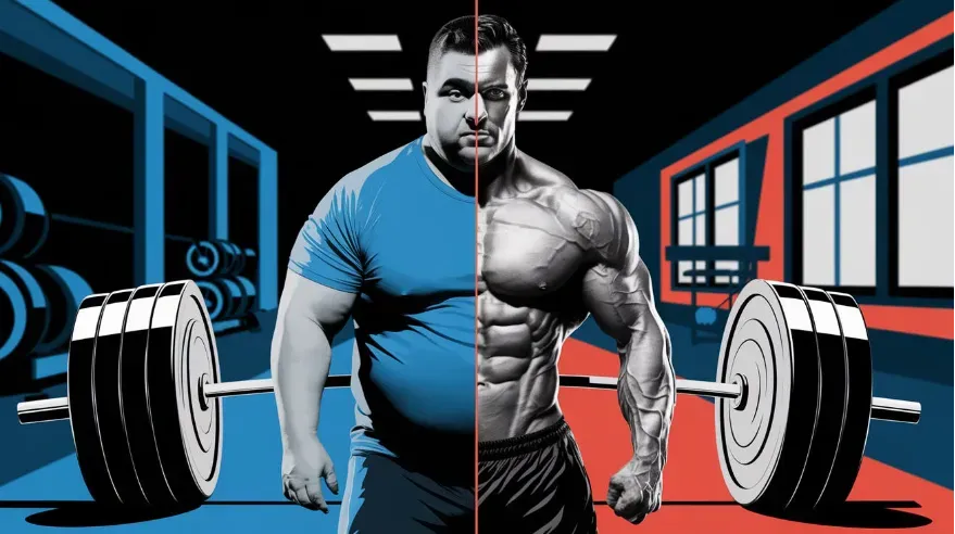 A split image, digital illustration of a man on one side who appears slightly pudgy and on the other side is the same man but he appears to be more muscular and ripped. 