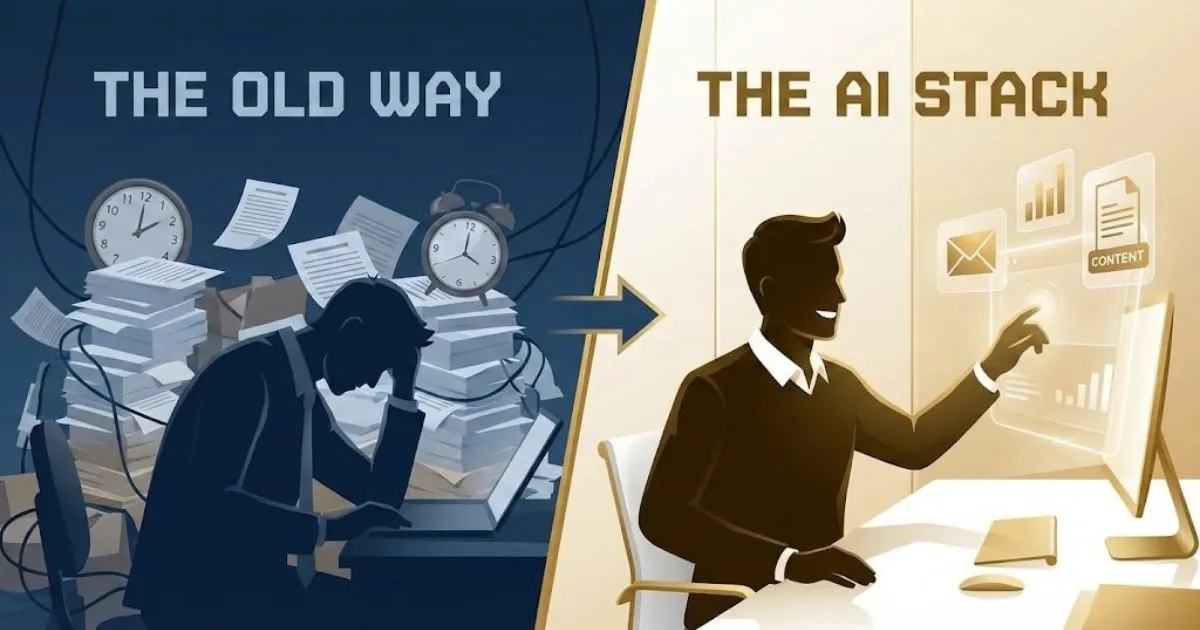 Comparison of a stressed business owner vs a calm entrepreneur using ai for small business tools.