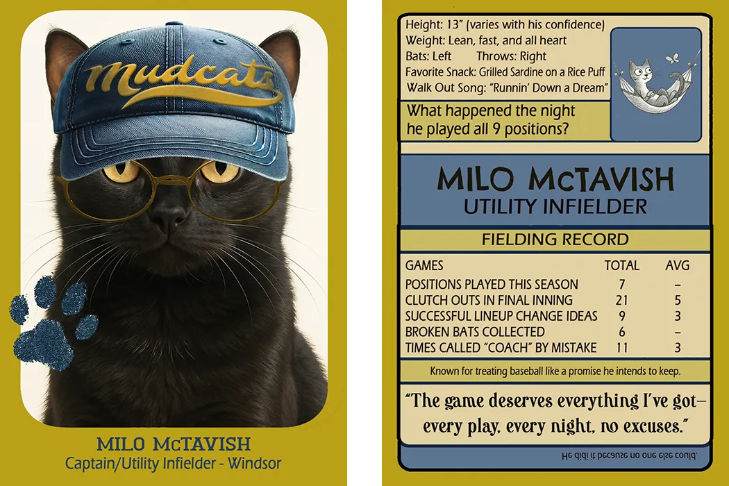 Baseball card fictional player Milo McTavish of fictional Windsor Plymouth Mudcts