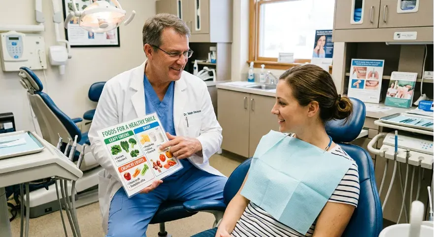 A dentist is showing his patient a chart of healthy foods for teeth and gums.
