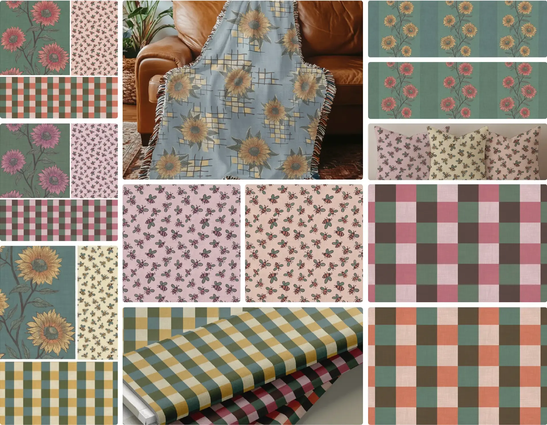 Bloom ’N’ Bees surface pattern collection featuring sunflowers, bees, gingham, and rustic coordinating prints