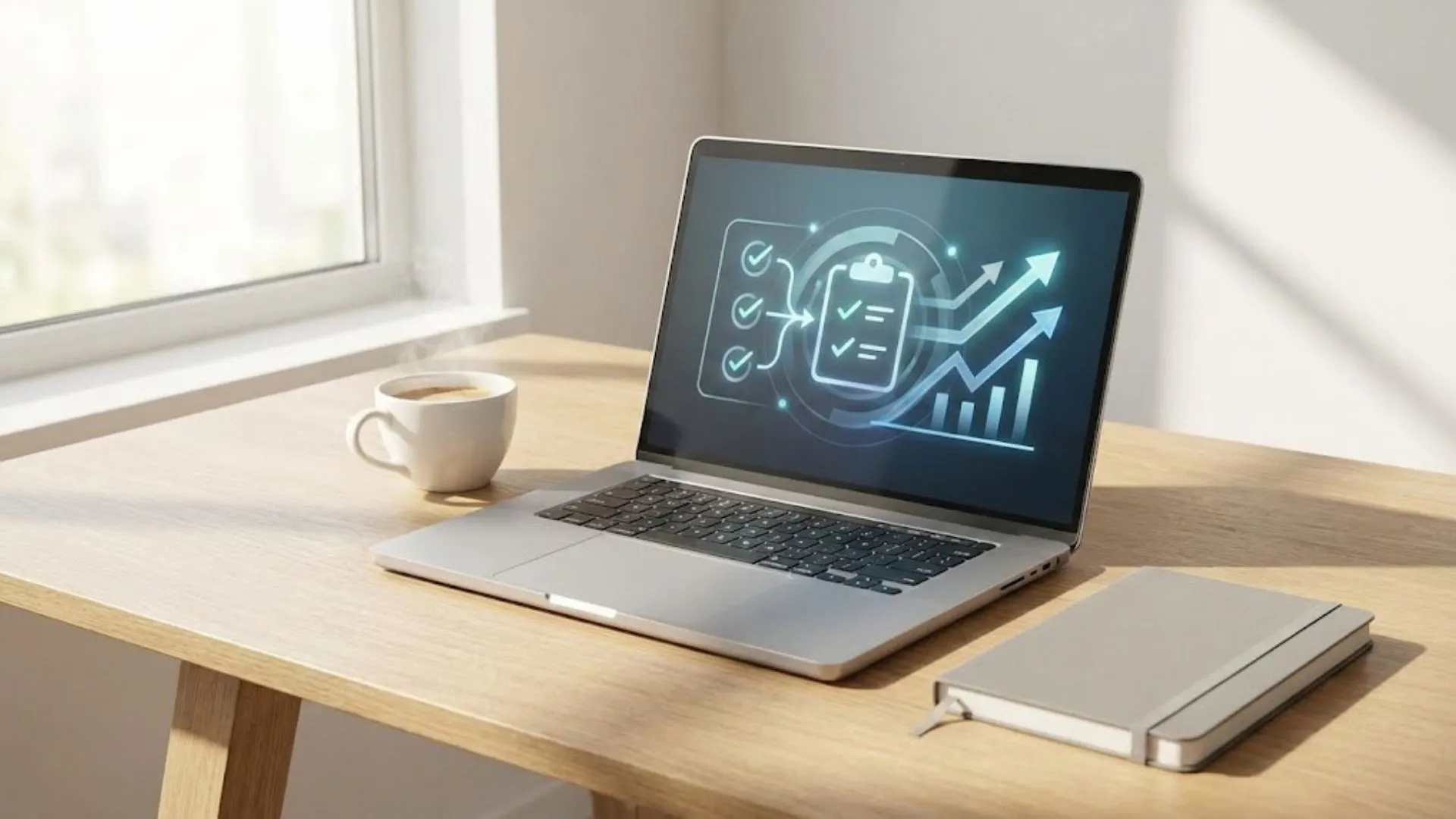Modern desk with a laptop showing an automated content creation workflow graphic.