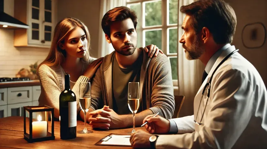 Doctor discussing wine consumption with a young couple in their 30's.