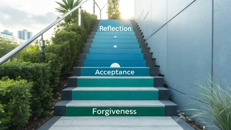 A symbolic image of a staircase leading upwards, each step labeled with words like "Reflection," "Acceptance," and "Forgiveness," representing the journey from regret to growth.