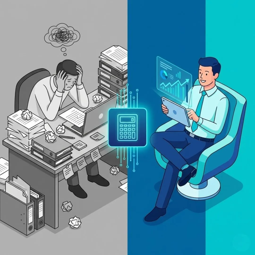 Illustration contrasting an overworked entrepreneur with a successful one using AI tools.