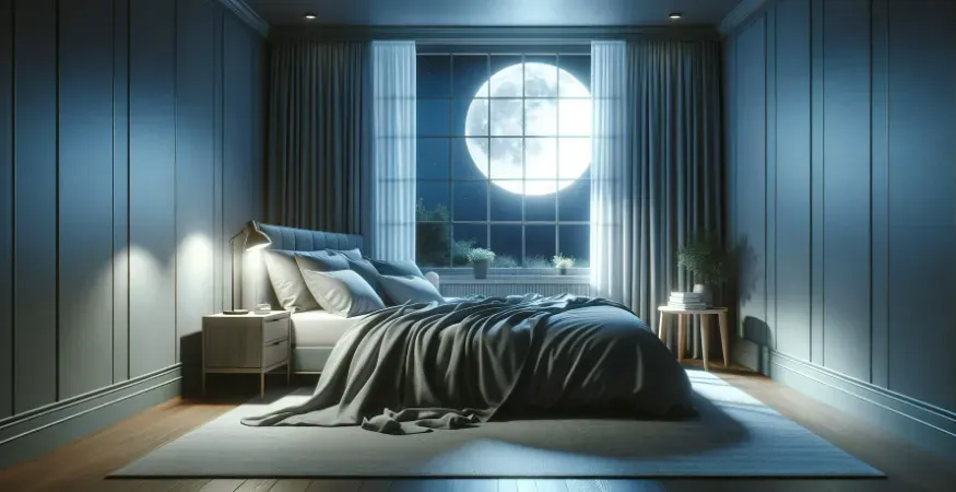 A serene bedroom setting at night showing a peaceful sleeping environment, with a moonlit window and soft, calming colors.