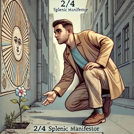 A man discovering a flower growing from a sidewalk crack, symbolizing a small surprise and quiet intrigue for a 2/4 Splenic Manifestor