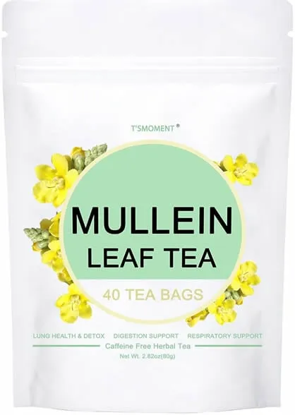 Mullein Leaf Tea Bags - Natural Healthy Herbal Tea For Lung Detox & Respiratory Support, 40 Tea Bags, No Additives & Caffeine Free