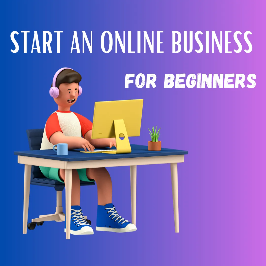 Colorful illustration of a smiling person wearing headphones, using a computer, with text 'START AN ONLINE BUSINESS FOR BEGINNERS' overhead. They are seated at a desk with a coffee cup and a small potted plant, depicting a casual home office setup ideal for individuals embarking on their entrepreneurial journey online.