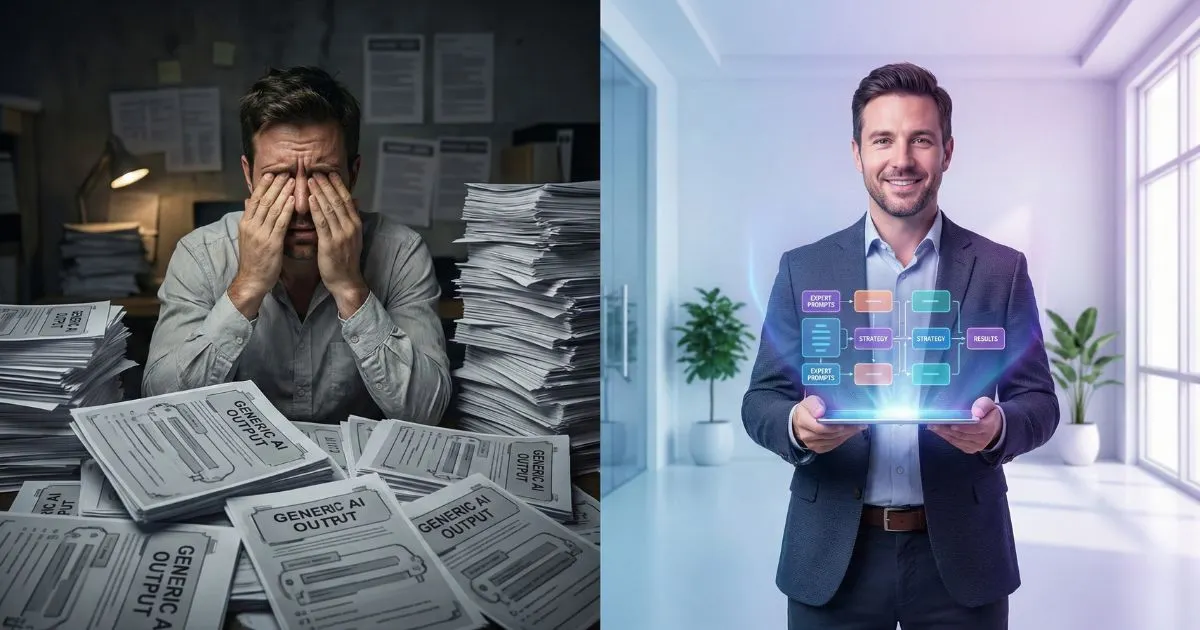 A business owner transitioning from chaotic generic AI paperwork to a streamlined, strategic digital workflow.