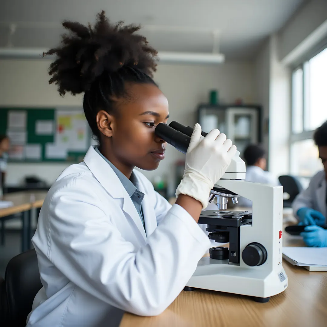 Young Black girl wearing a lab coat looking into microscope