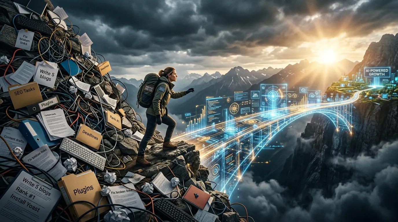 Affiliate marketer climbing mountain of SEO tasks while AI system appears as glowing futuristic bridge across content overwhelm abyss