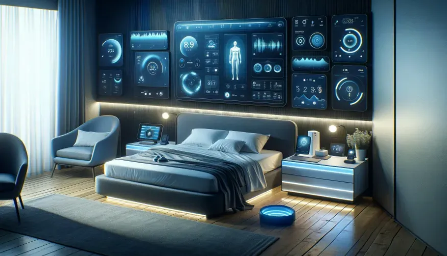 Futuristic depiction of sleep technology, like sleep tracking gadgets and apps