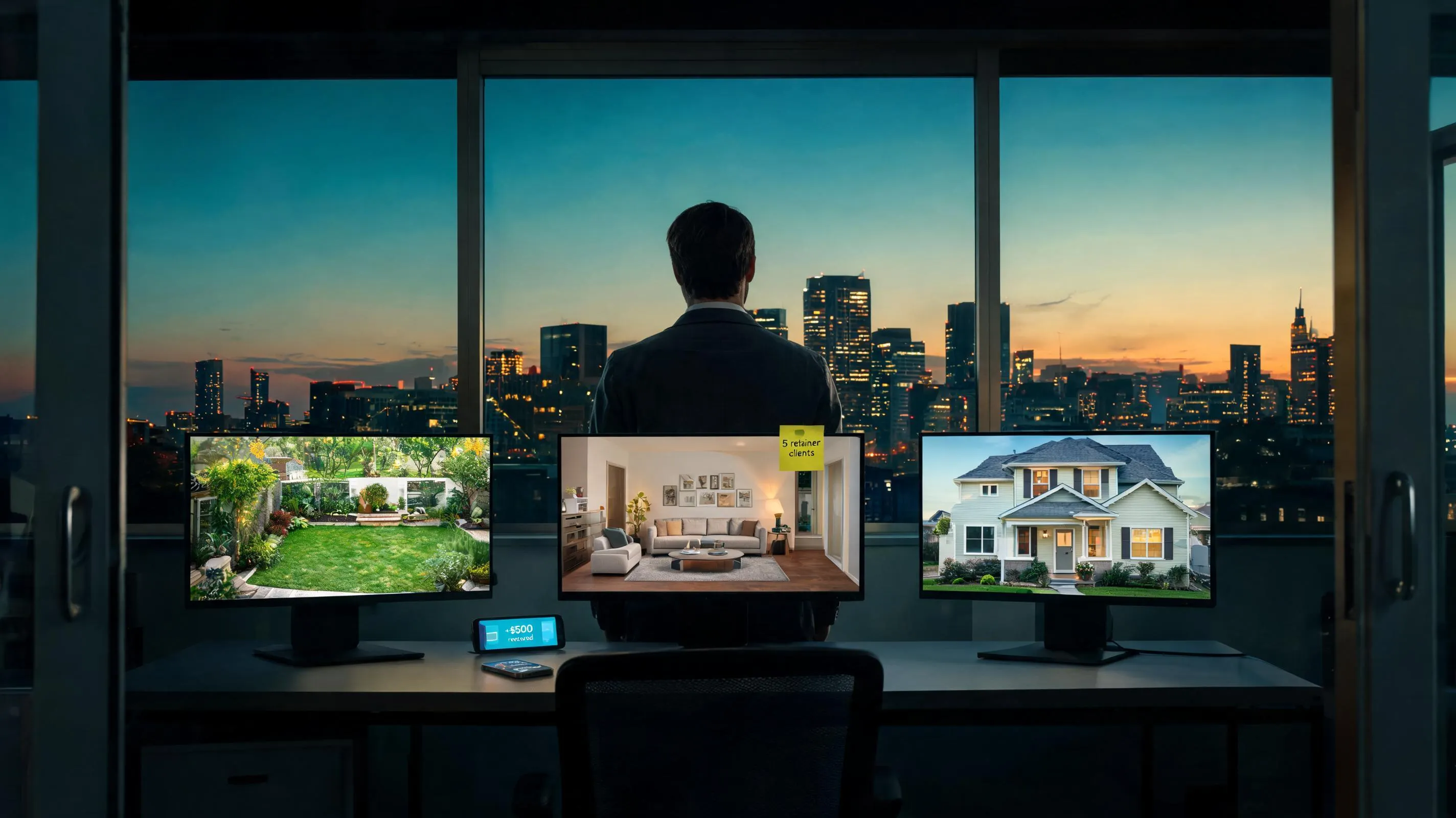 Home office setup showing multiple AI-transformed property images on screens with incoming payment notification representing TRANSFORMER retainer income model