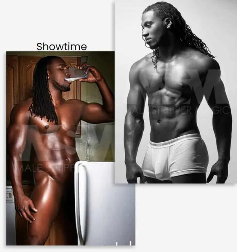 Shirtless black male stripper with long braids in the kitchen drinking milk from the refrigerator and shirtless in white boxer briefs.