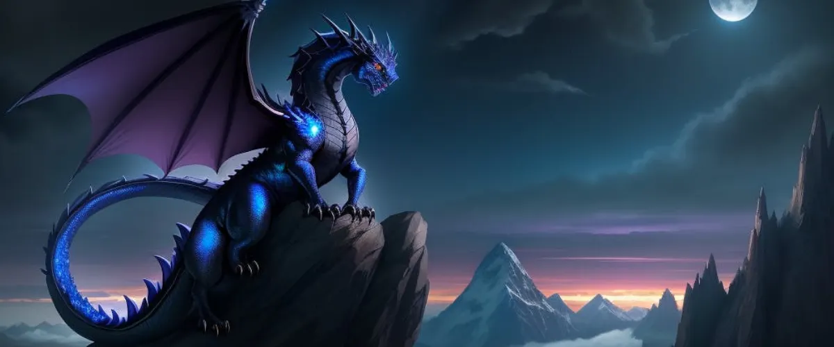 Black dragon at moonlight, standing on a rock