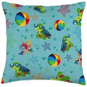 throw pillow with cute sea turtles, beach balls, and starfish
