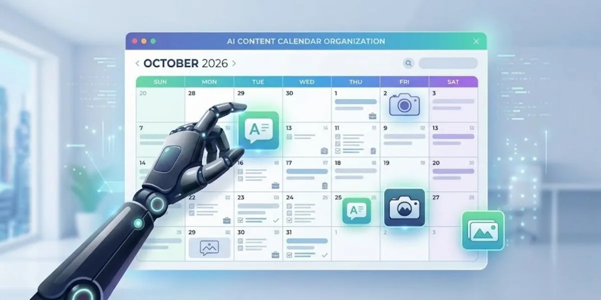 A graphic showing AI social media tools being used to automatically organize and populate a monthly content calendar.
