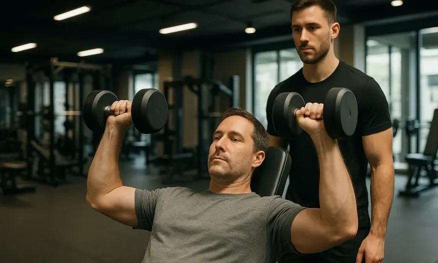 a 30–40-year-old man attempting a dumbbell press with light weights, neutral face, trainer observing, clean modern gym, no branding, accurate form, soft overhead lighting