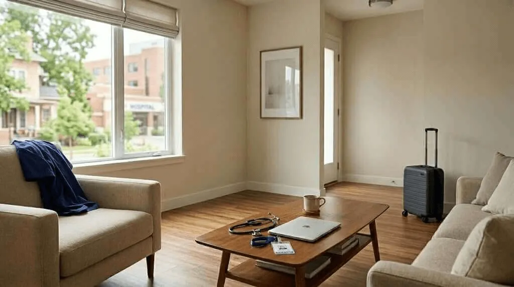 <alt=“Furnished housing near hospital prepared for travel nurse or locum tenens assignment with suitcase and medical equipment.”>