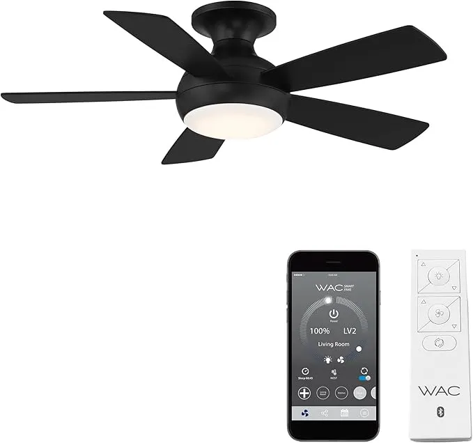 WAC Smart Fans Odyssey Indoor and Outdoor 5-Blade Flush Mount Smart Home Ceiling Fan 44in Matte Black with 3000K LED Light Kit and Remote Control works with Alexa and iOS or Android App