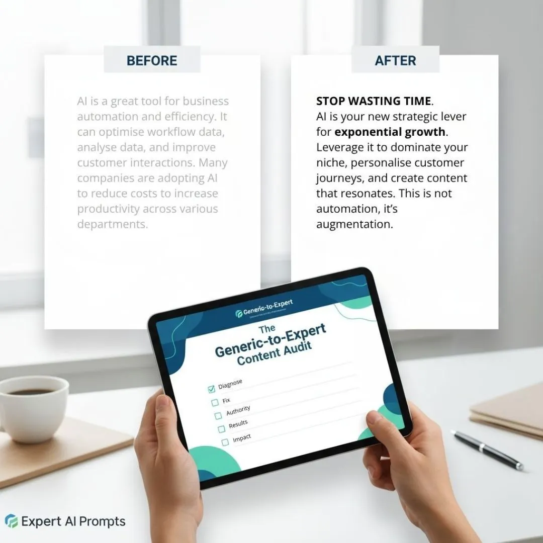 A solopreneur reviewing the Generic-to-Expert AI Content Audit checklist on a tablet.