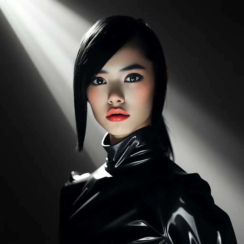 Asian female model wearing dark shiny top