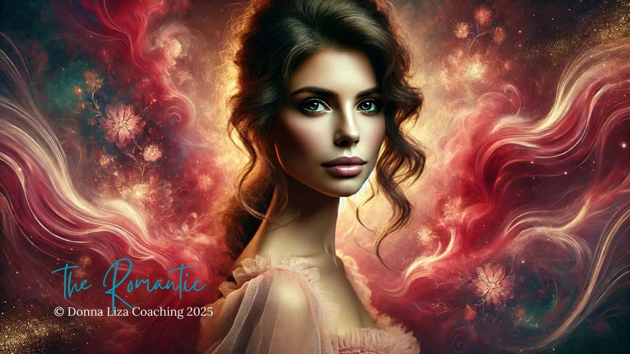 A serene woman with alluring features surrounded by deep red, blush pink, and soft gold clouds, symbolizing beauty, love, and luxury. DonnaLizaCoaching.com