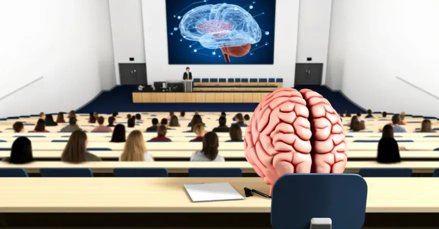 Cartoon of a brain sitting in a college lecture hall learning about the brain.