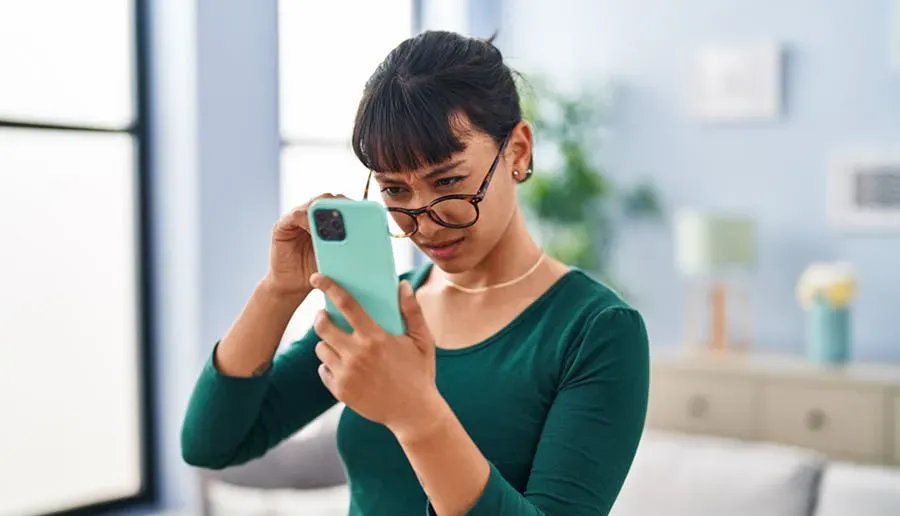 Woman squinting while looking at the screen on her phone. She is pulling her reading glasses down a bit.