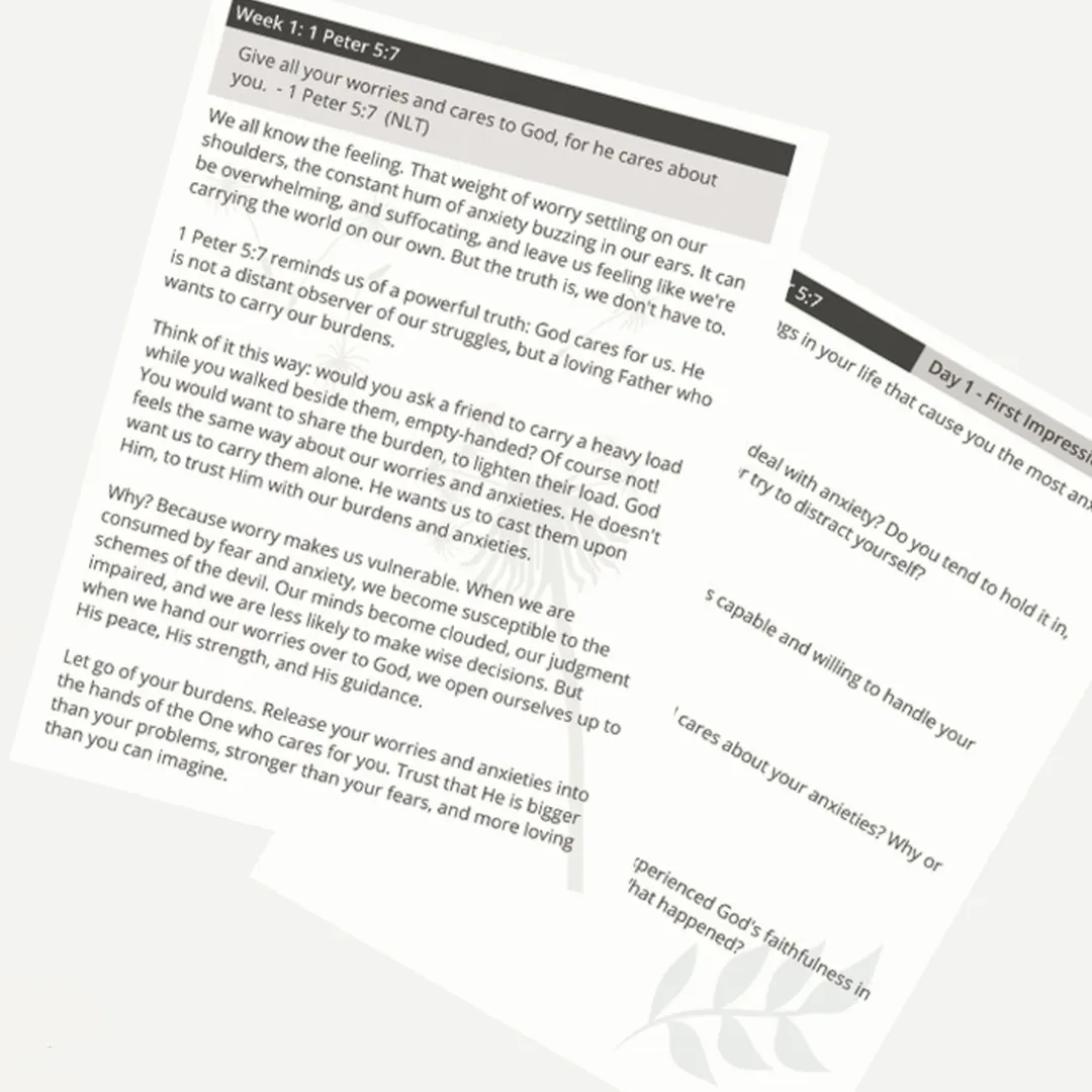 Inside pages of the Releasing Anxiety devotional journal showing reflection questions and Scripture study.