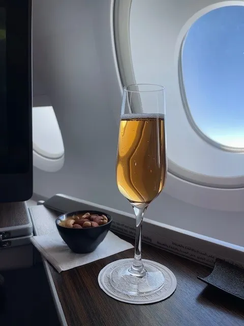 Qatar Airways A380 champagne cocktail in business class
