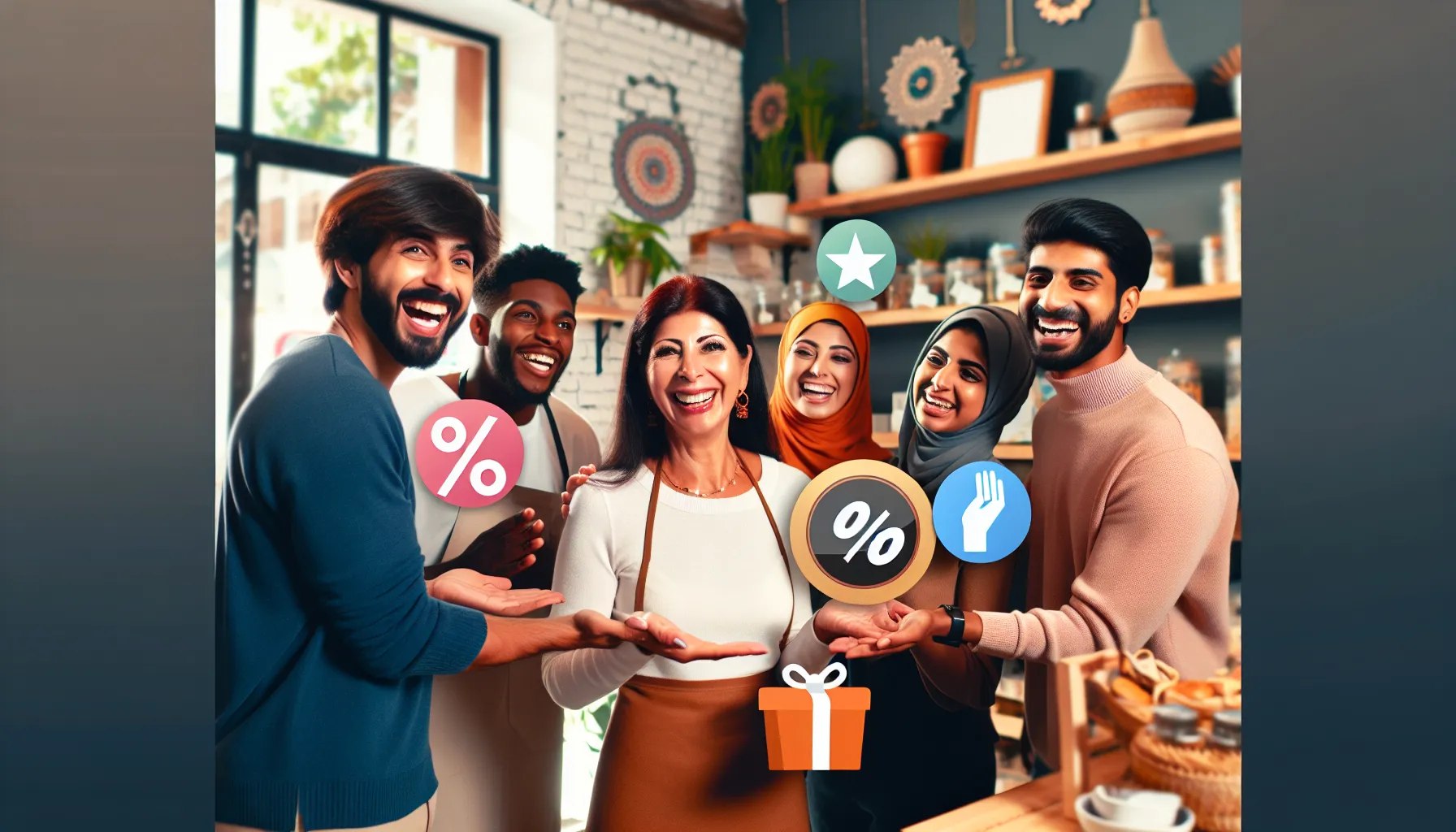 A diverse group of smiling people stand in a well-lit, cozy cafe, holding discount and gift icons, indicating offers or promotions. Shelves with decor and kitchen items are visible in the background, showcasing the cafe's commitment to customer retention through engaging loyalty incentives.