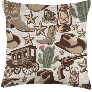 throw pillow with western motifs of boots, guns, cowboy hat, stagecoach, cactus,