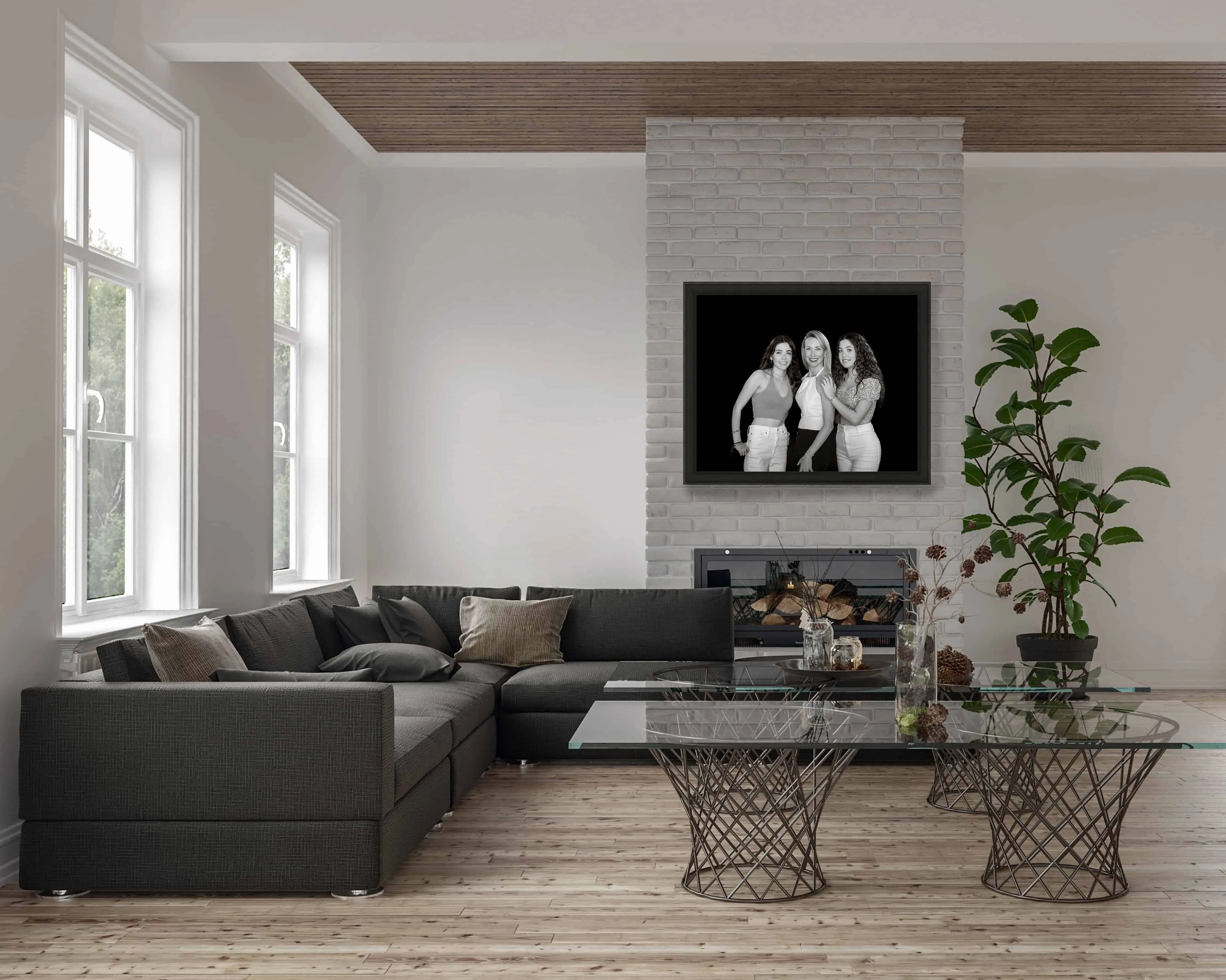 living room with framed portrait