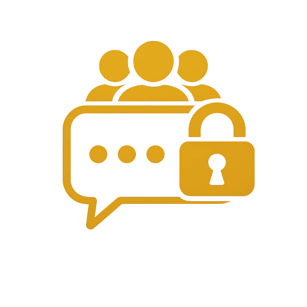 Gold private members WhatsApp group icon showing secure member discussion, shared learning, reminders, and calm paperwork support.