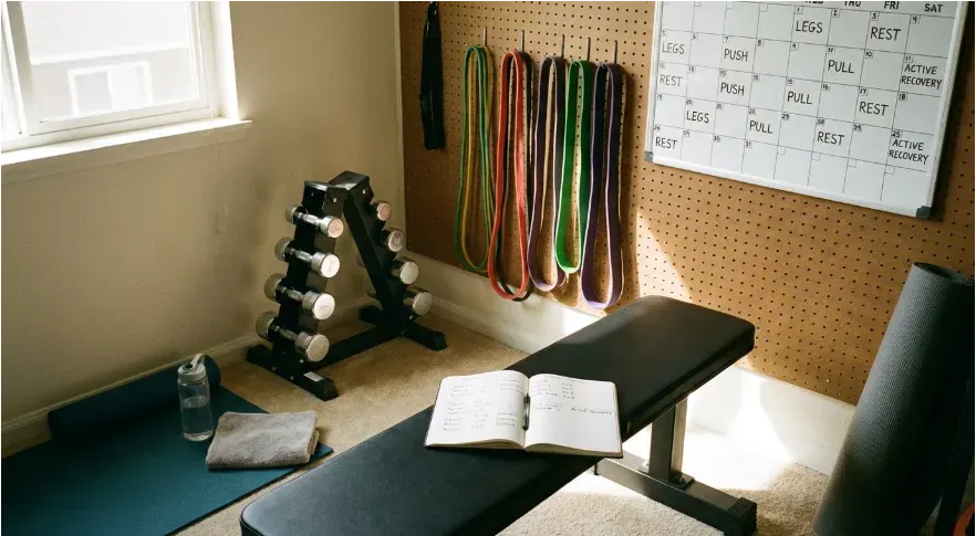 A small home workout space to support exercise with basic equipment such as a bench, a small adjustable dumbbell weight rack, and some resistance bands hanging on the wall. Also on the wall is a calendar with scheduled workout days marked. On the bench appears to be an open notebook, which is a workout journal.