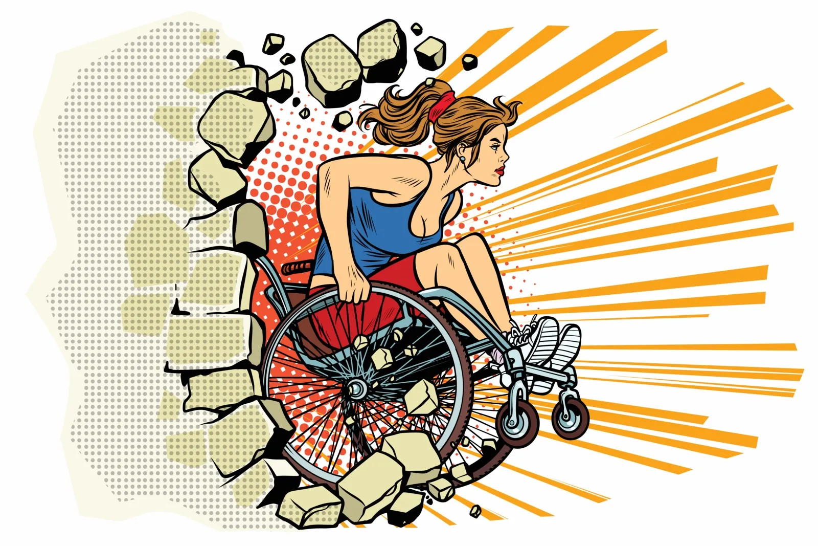 Woman in wheel chair busting out of wall for fitness
