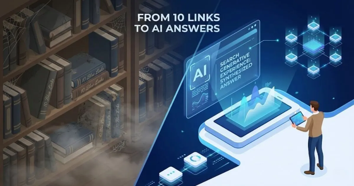 Comparison of old traditional SEO links versus new AI search generative experience interface.