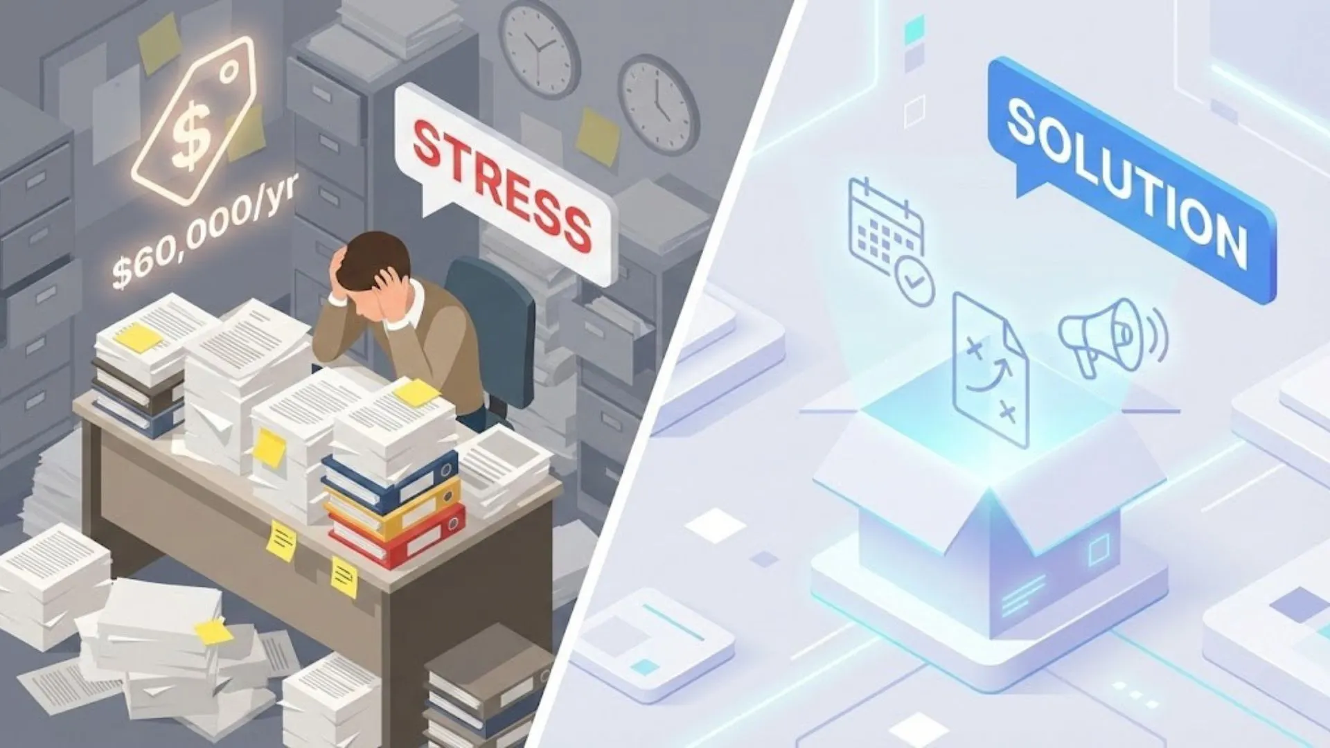 Comparison of a stressed office worker versus a digital AI marketing toolkit box.