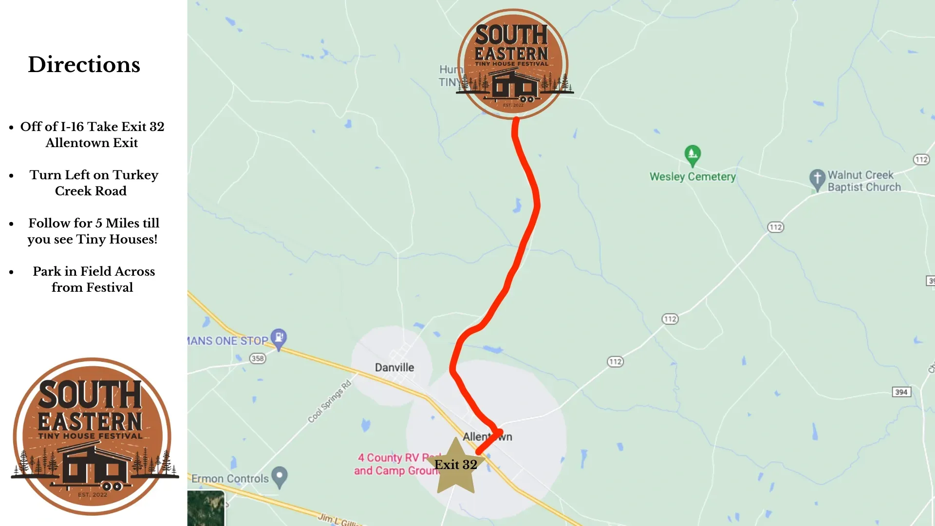 Google Map overview of house to get to the South Eastern TINY House Festival