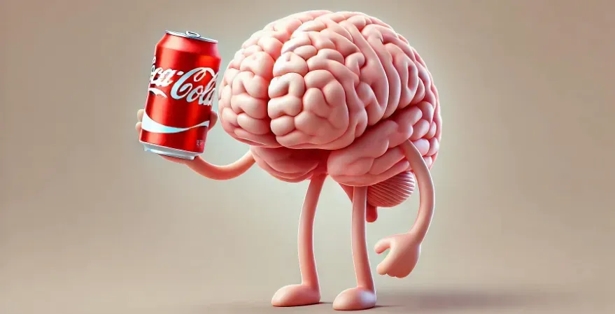  a brain with a stick figure body holding a can of soda.