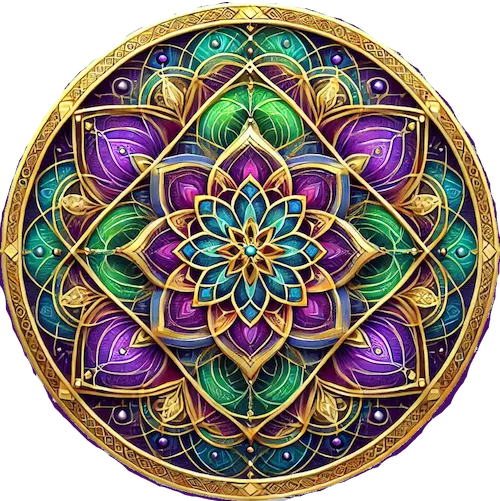 Mandala with sacred geometry design featuring interlocking symmetrical patterns in vibrant purples, greens, blues, and minimal gold accents, enclosed within a golden circular frame with a metallic sheen and 3D effect